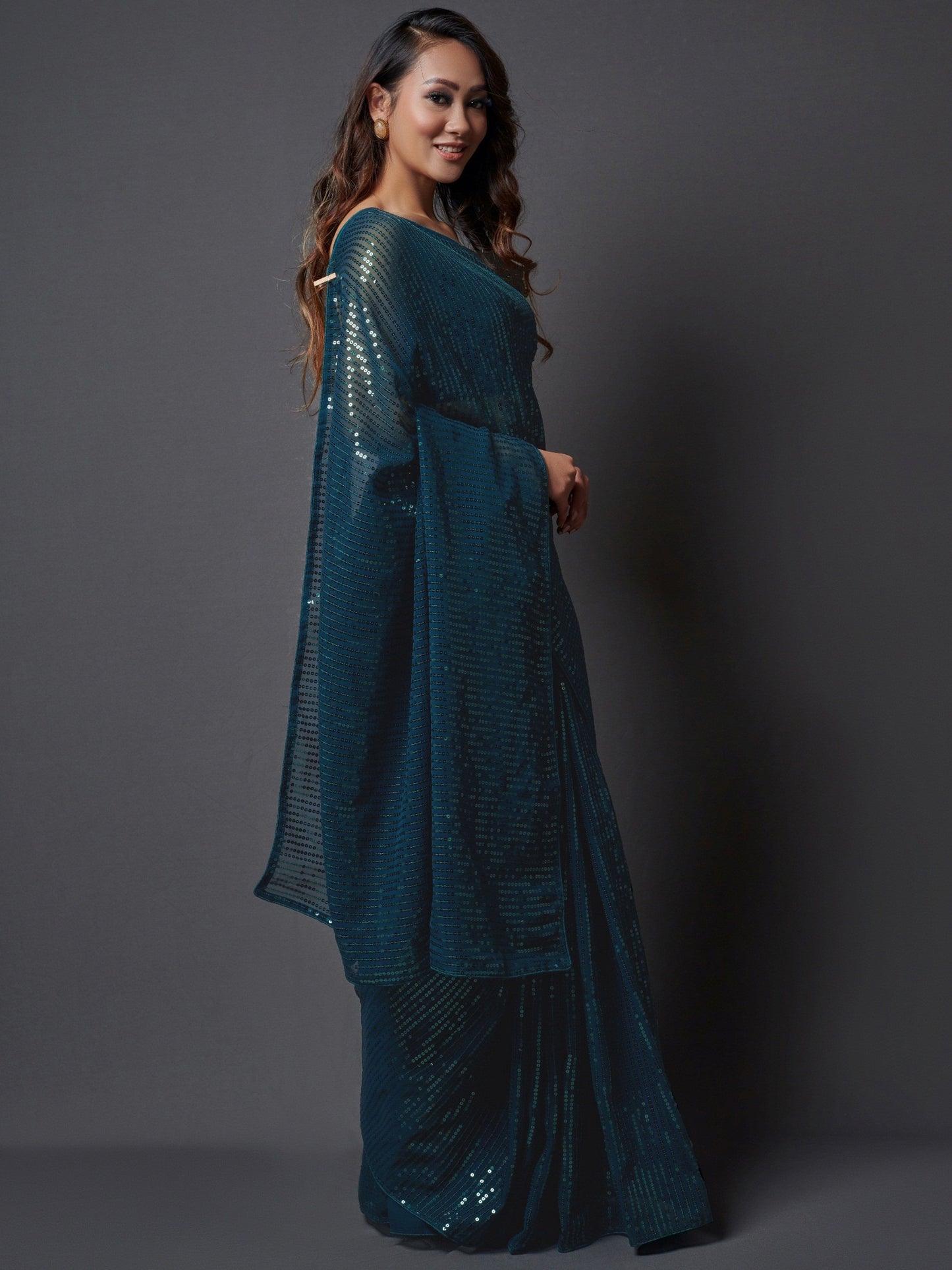 Women's Georgette Teal blue Embellished Designer Saree With Blouse Piece