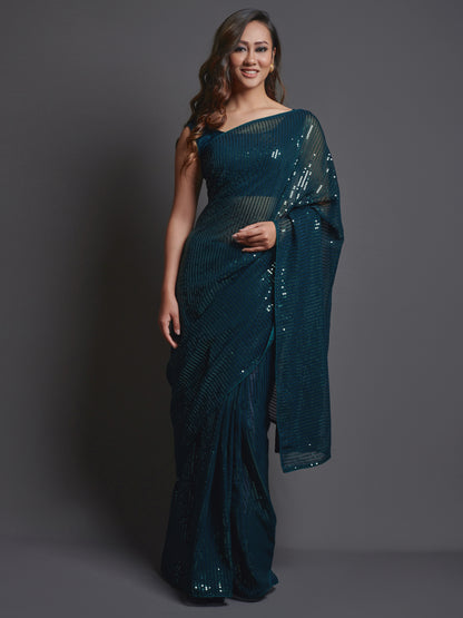 Women's Georgette Teal blue Embellished Designer Saree With Blouse Piece