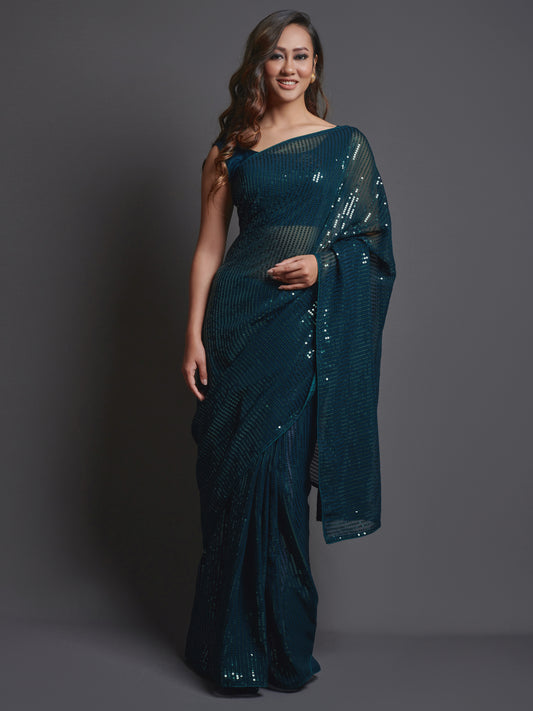 Women's Georgette Teal blue Embellished Designer Saree With Blouse Piece