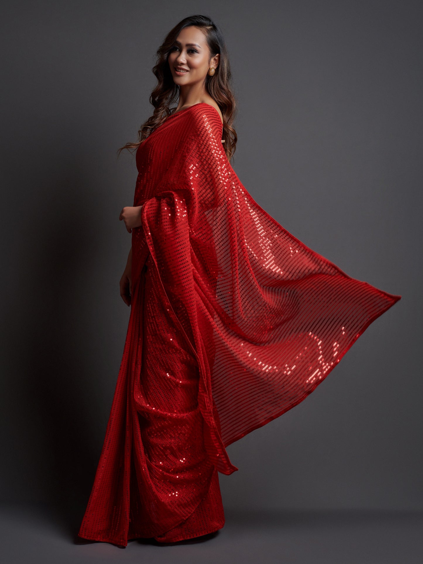 Women's Georgette Red Embellished Designer Saree With Blouse Piece