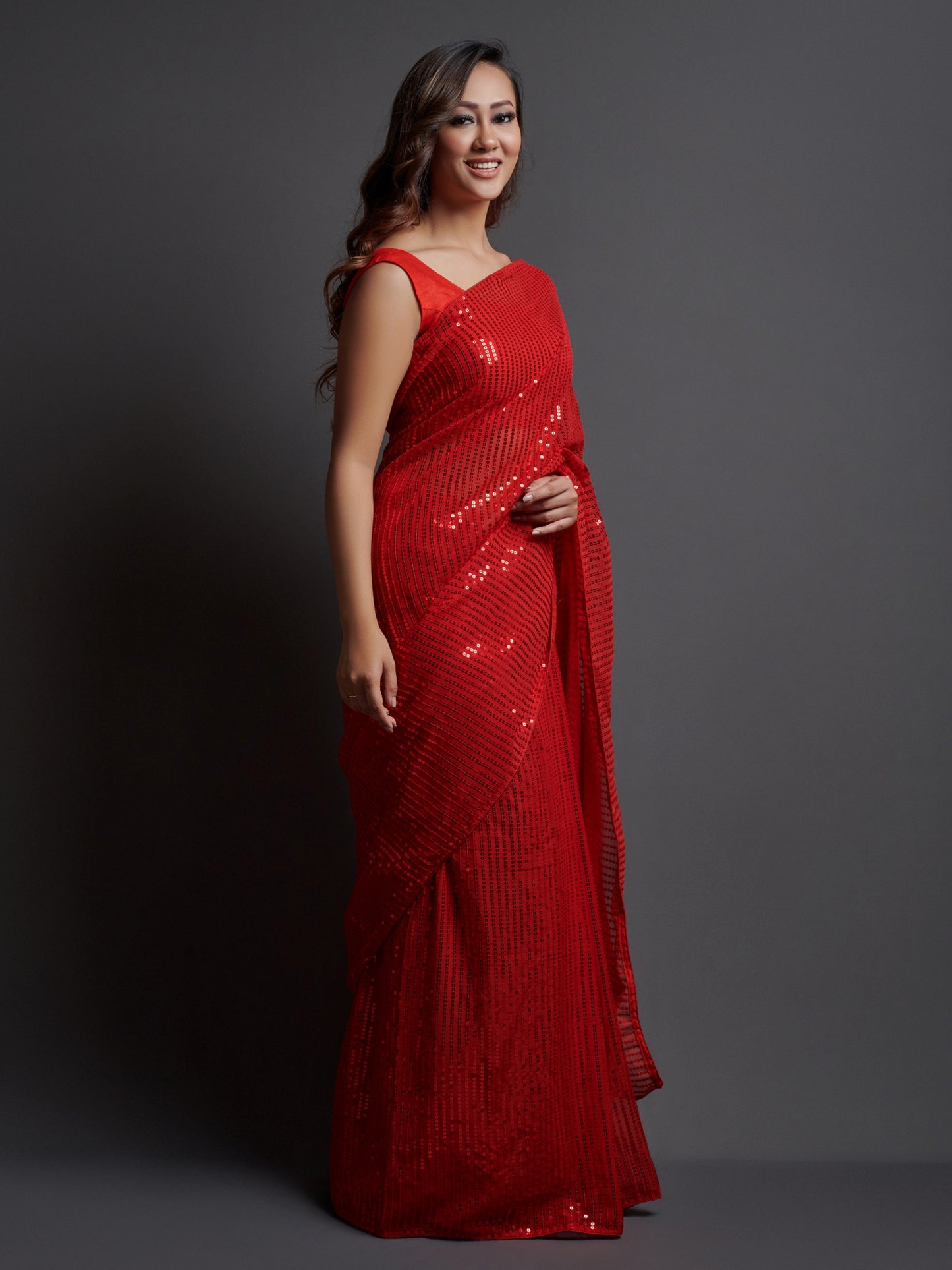 Women's Georgette Red Embellished Designer Saree With Blouse Piece