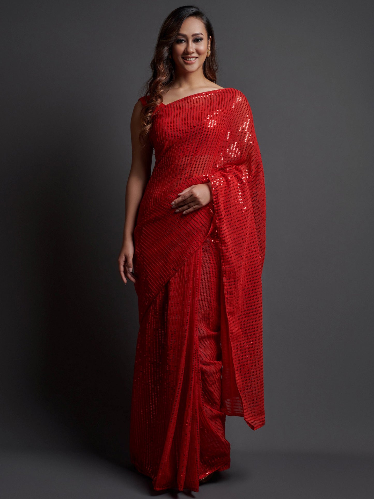 Women's Georgette Red Embellished Designer Saree With Blouse Piece