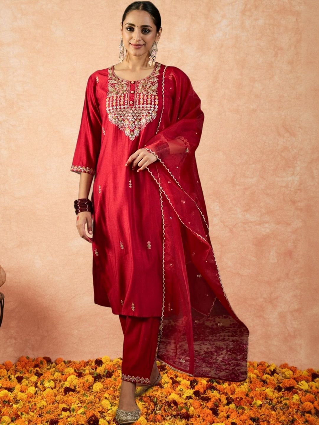 Dhiyona IE Women Ethnic Motifs Embroidered Regular Sequinned Liva Kurta with Trousers & With Dupatta