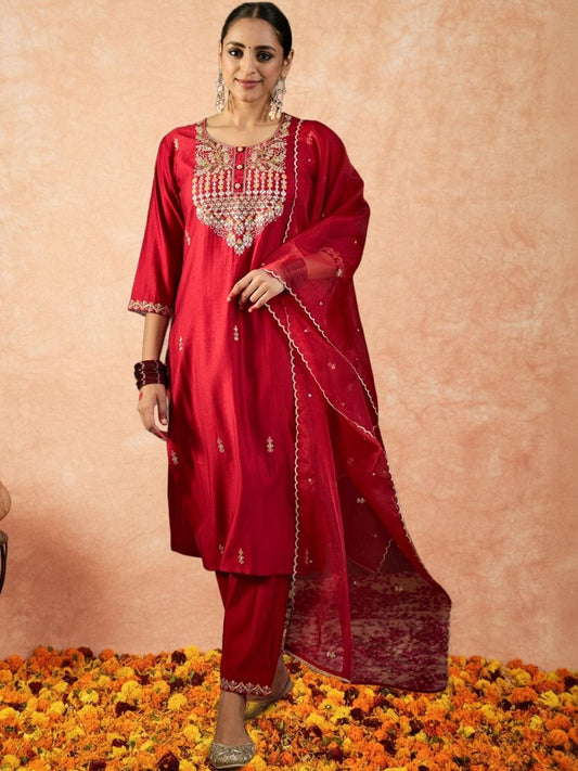 Women Ethnic Motifs Embroidered Regular Sequinned Liva Kurta with Trousers & With Dupatta