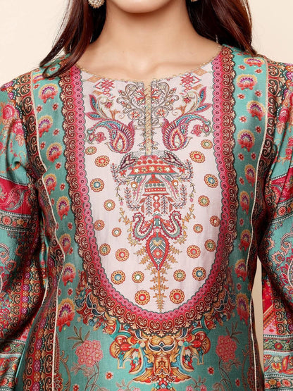Dhiyona VA Women's Ethnic Motifs Printed Regular Gotta Patti Chanderi Silk Kurta with Trousers