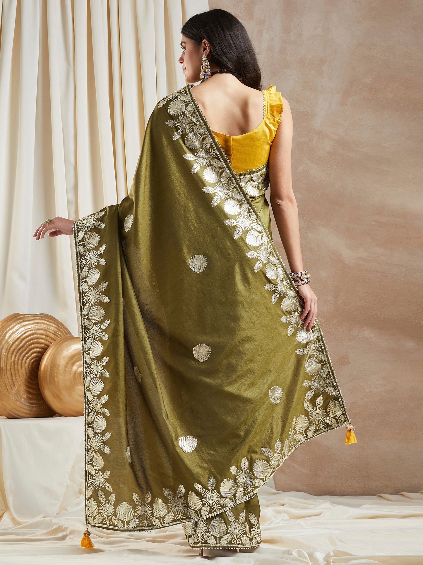 Women's Dola Silk Olive Embroidered Designer Saree With Blouse Piece