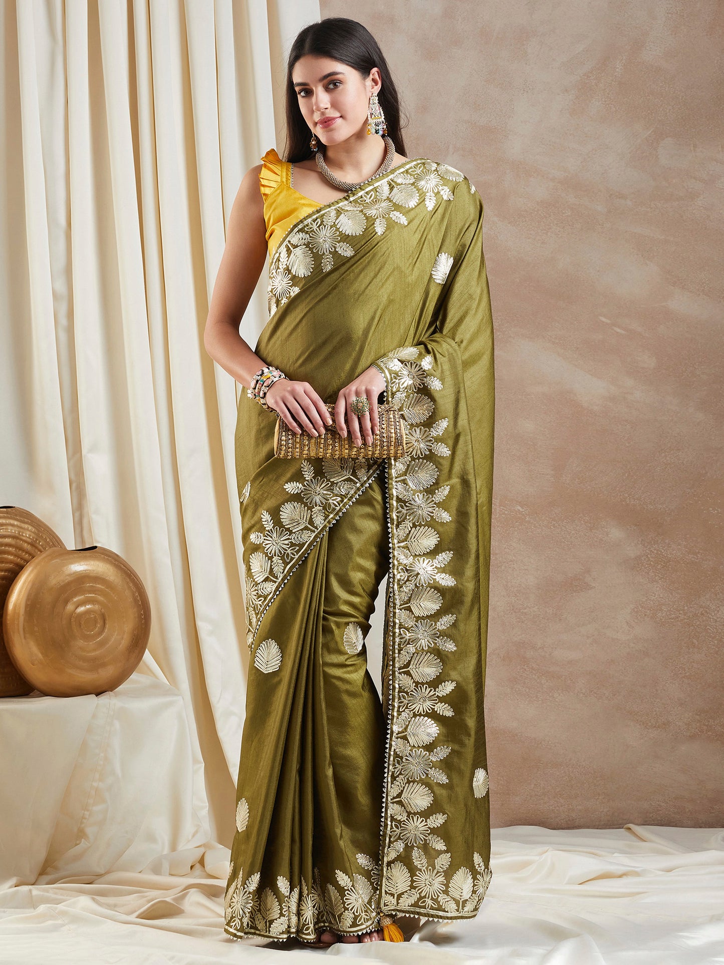 Women's Dola Silk Olive Embroidered Designer Saree With Blouse Piece