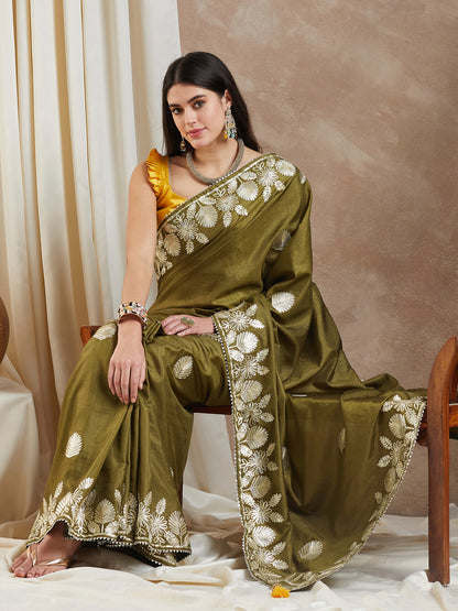 Women's Dola Silk Olive Embroidered Designer Saree With Blouse Piece