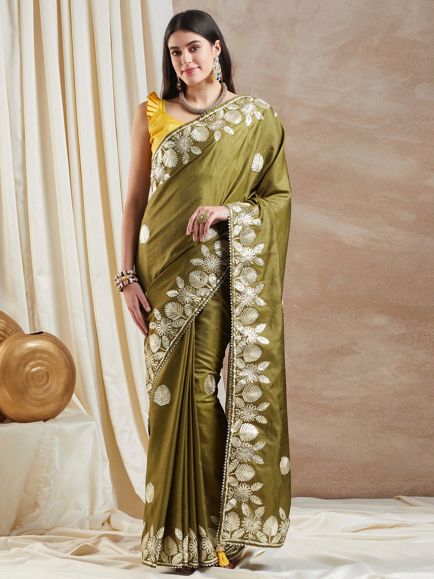 Women's Dola Silk Olive Embroidered Designer Saree With Blouse Piece