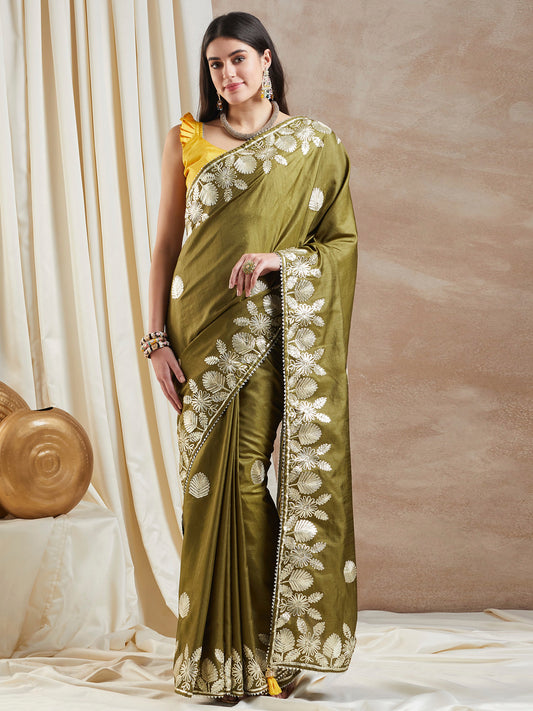 Women's Dola Silk Olive Embroidered Designer Saree With Blouse Piece