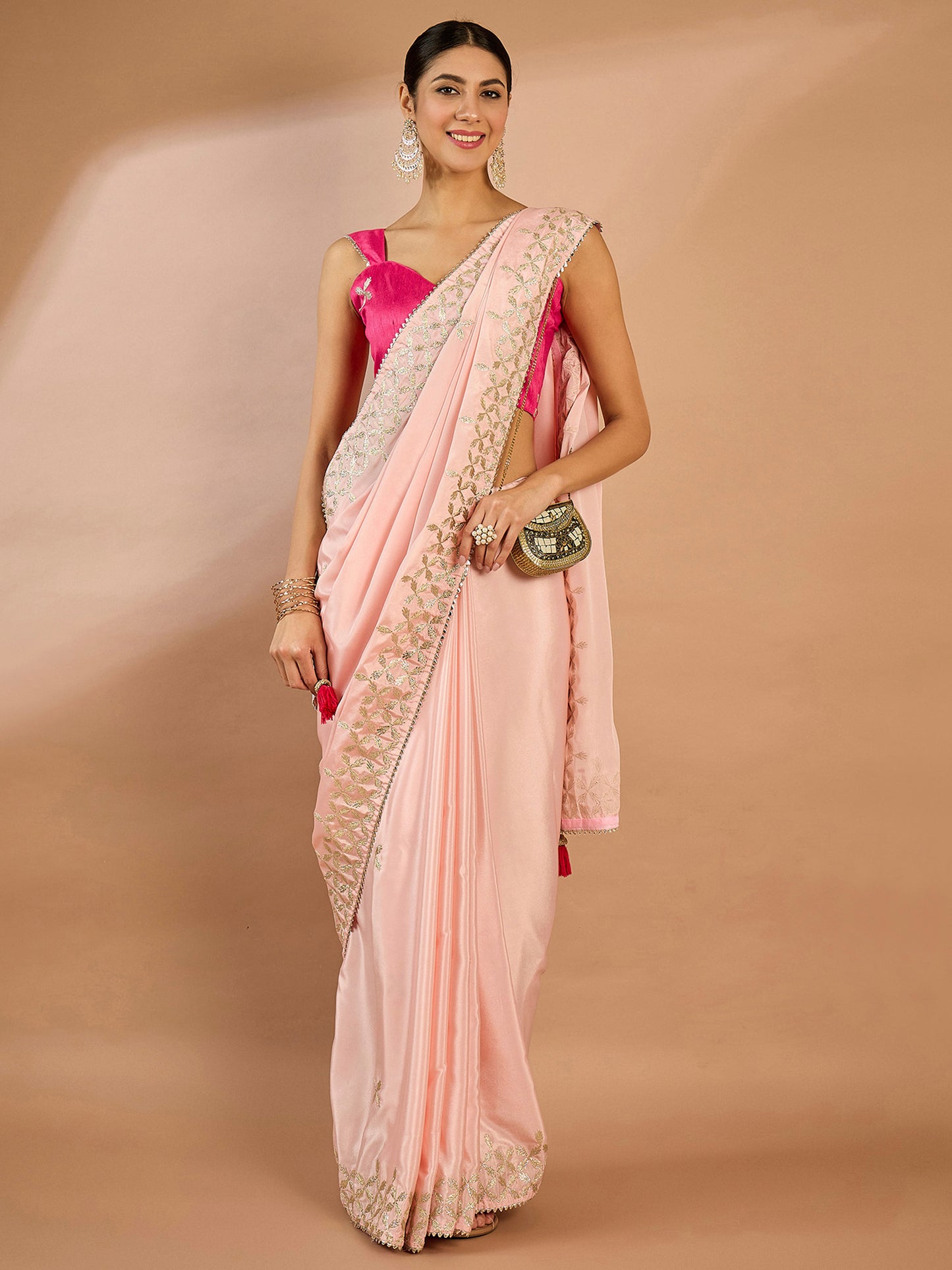Women's Crepe Pink Embellished Designer Saree With Blouse Piece