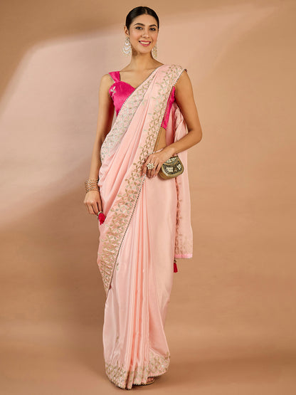 Women's Crepe Pink Embellished Designer Saree With Blouse Piece