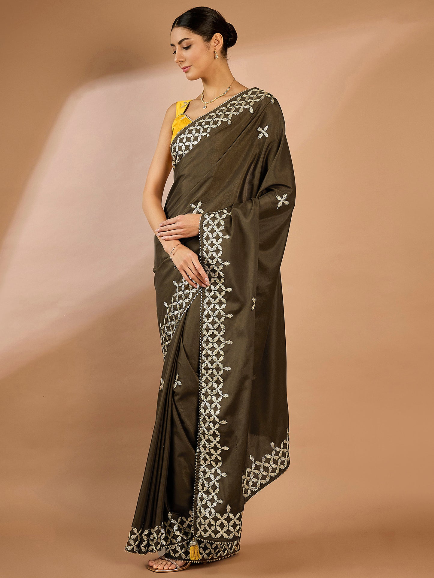 Women's Crepe Olive Embellished Designer Saree With Blouse Piece
