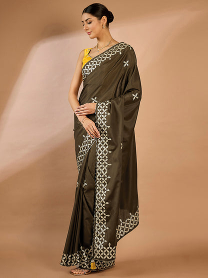 Women's Crepe Olive Embellished Designer Saree With Blouse Piece