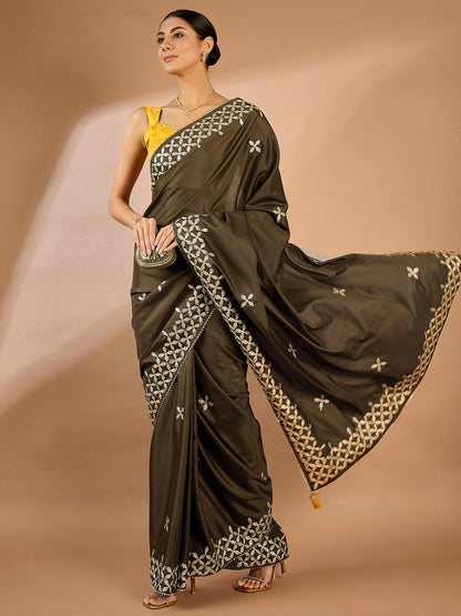 Women's Crepe Olive Embellished Designer Saree With Blouse Piece