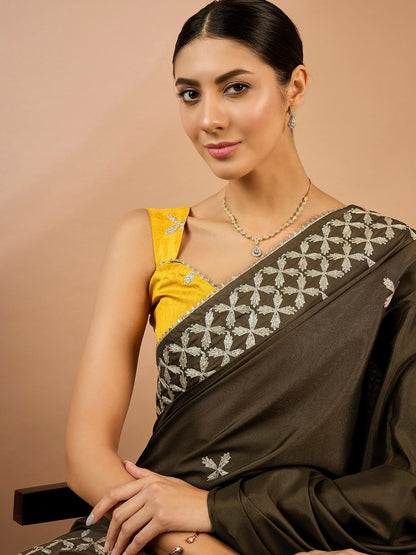 Women's Crepe Olive Embellished Designer Saree With Blouse Piece