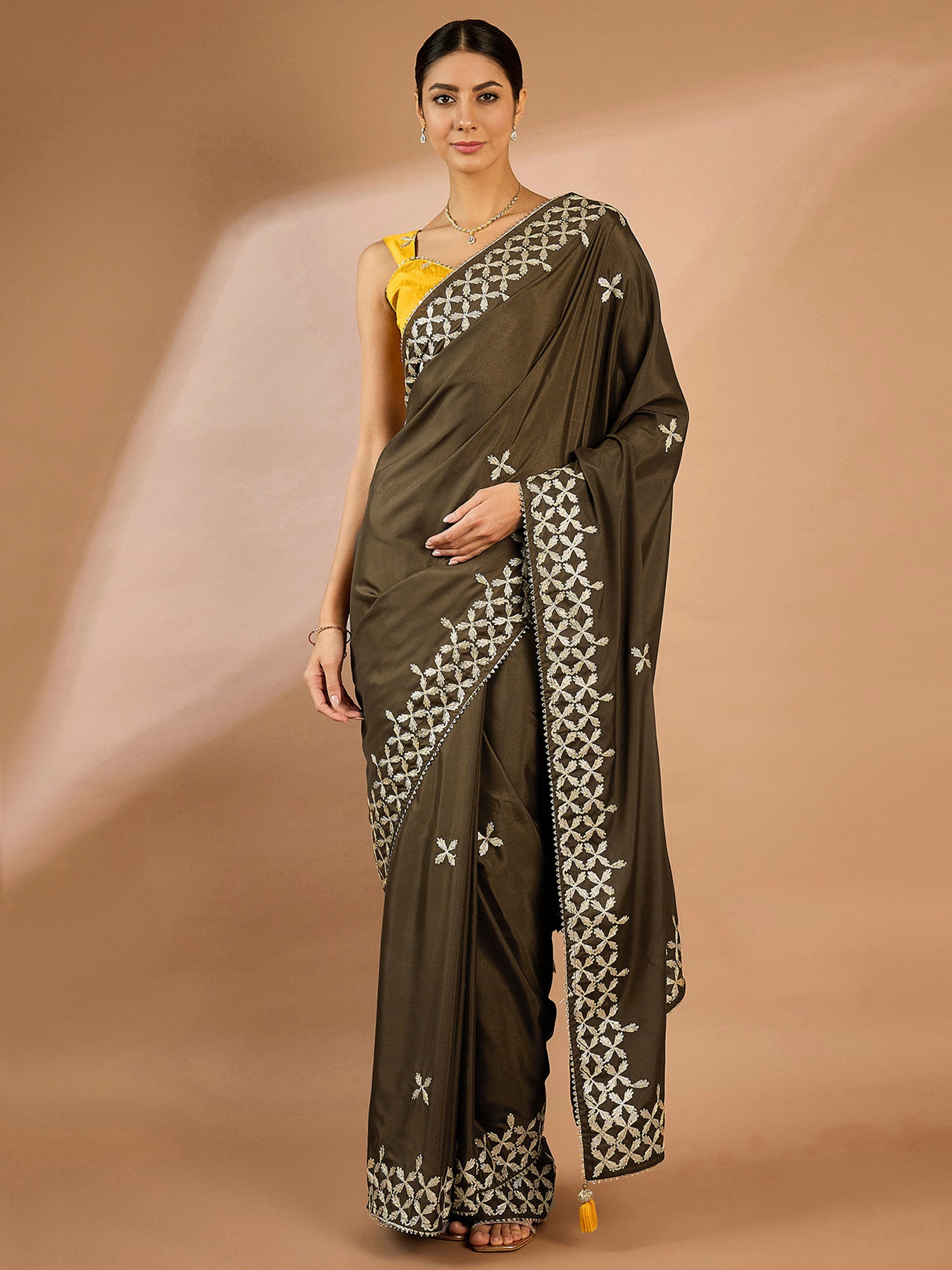 Women's Crepe Olive Embellished Designer Saree With Blouse Piece