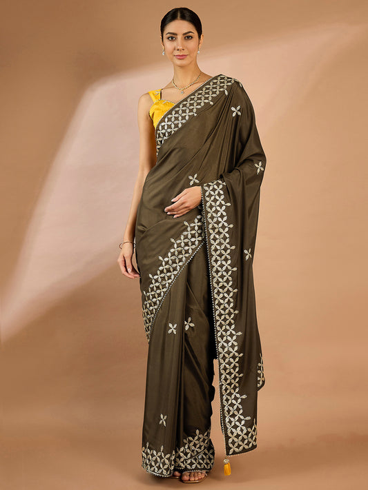 Women's Crepe Olive Embellished Designer Saree With Blouse Piece