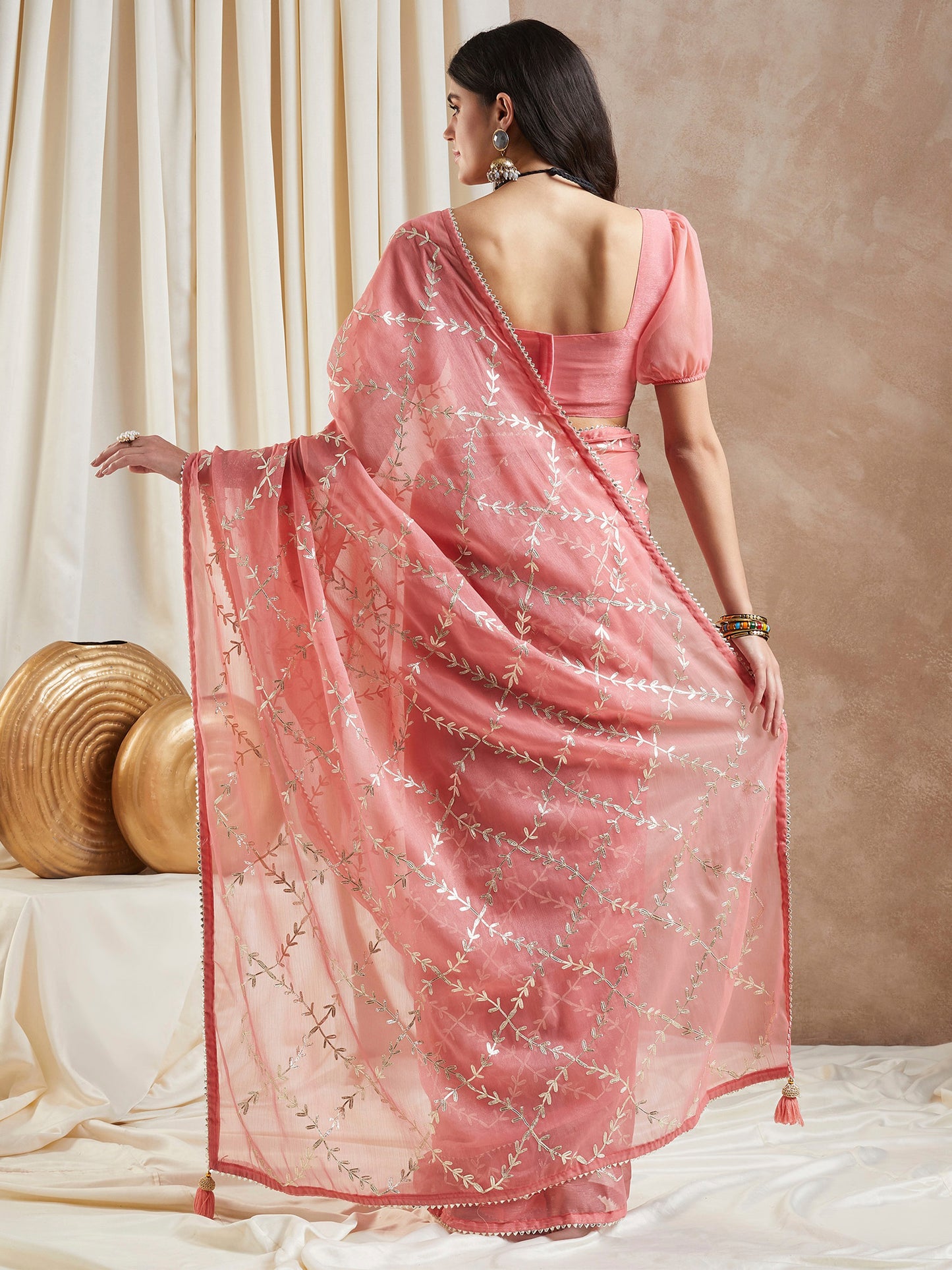 Women's Georgette Peach Embroidered Designer Saree With Blouse Piece