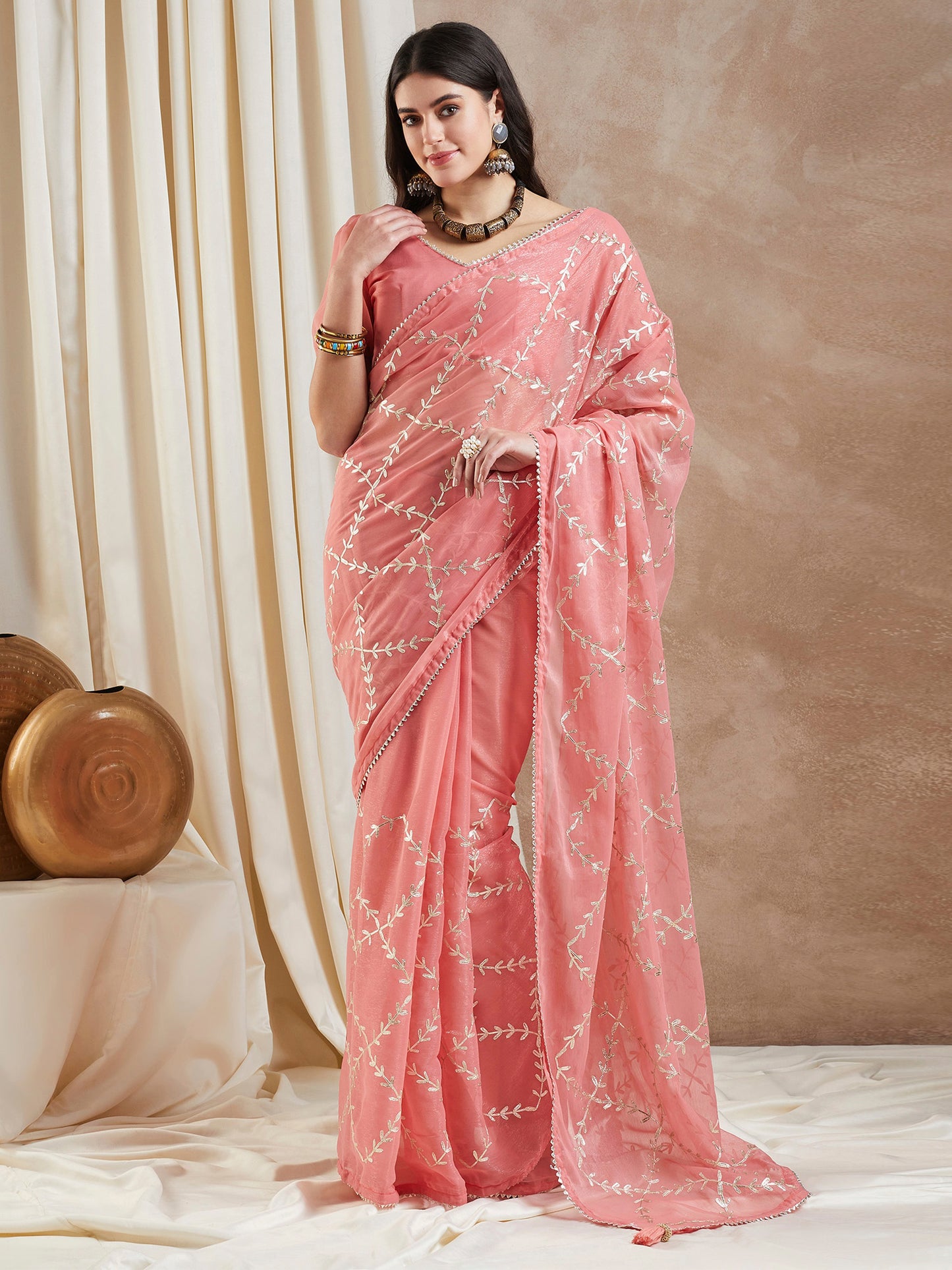 Women's Georgette Peach Embroidered Designer Saree With Blouse Piece