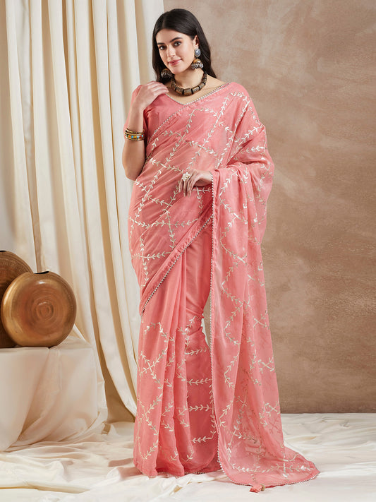 Women's Georgette Peach Embroidered Designer Saree With Blouse Piece