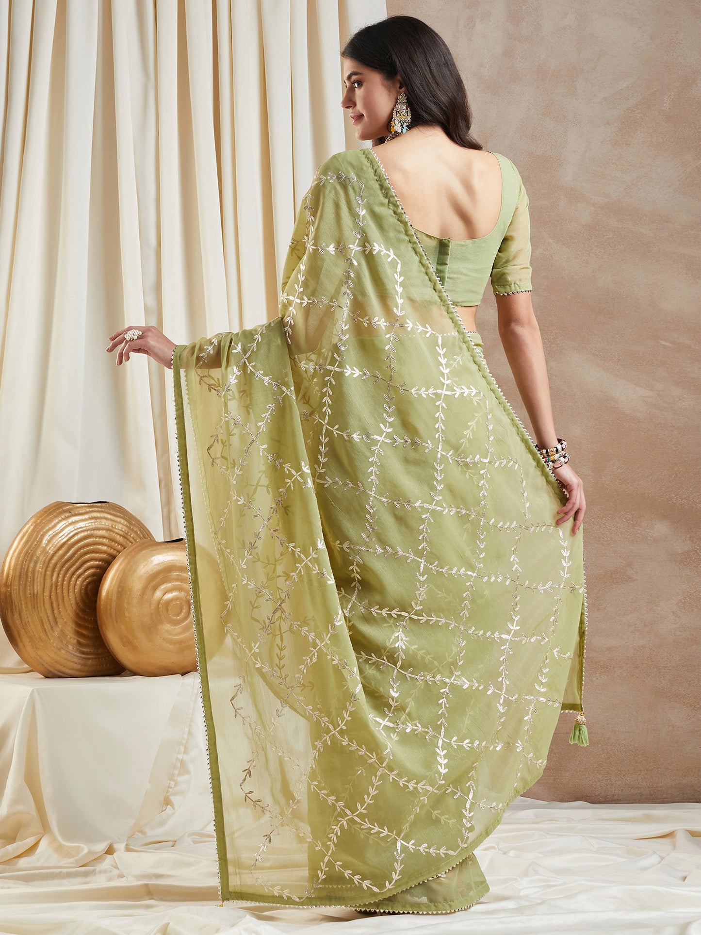 Women's Georgette Light Green Embroidered Designer Saree With Blouse Piece