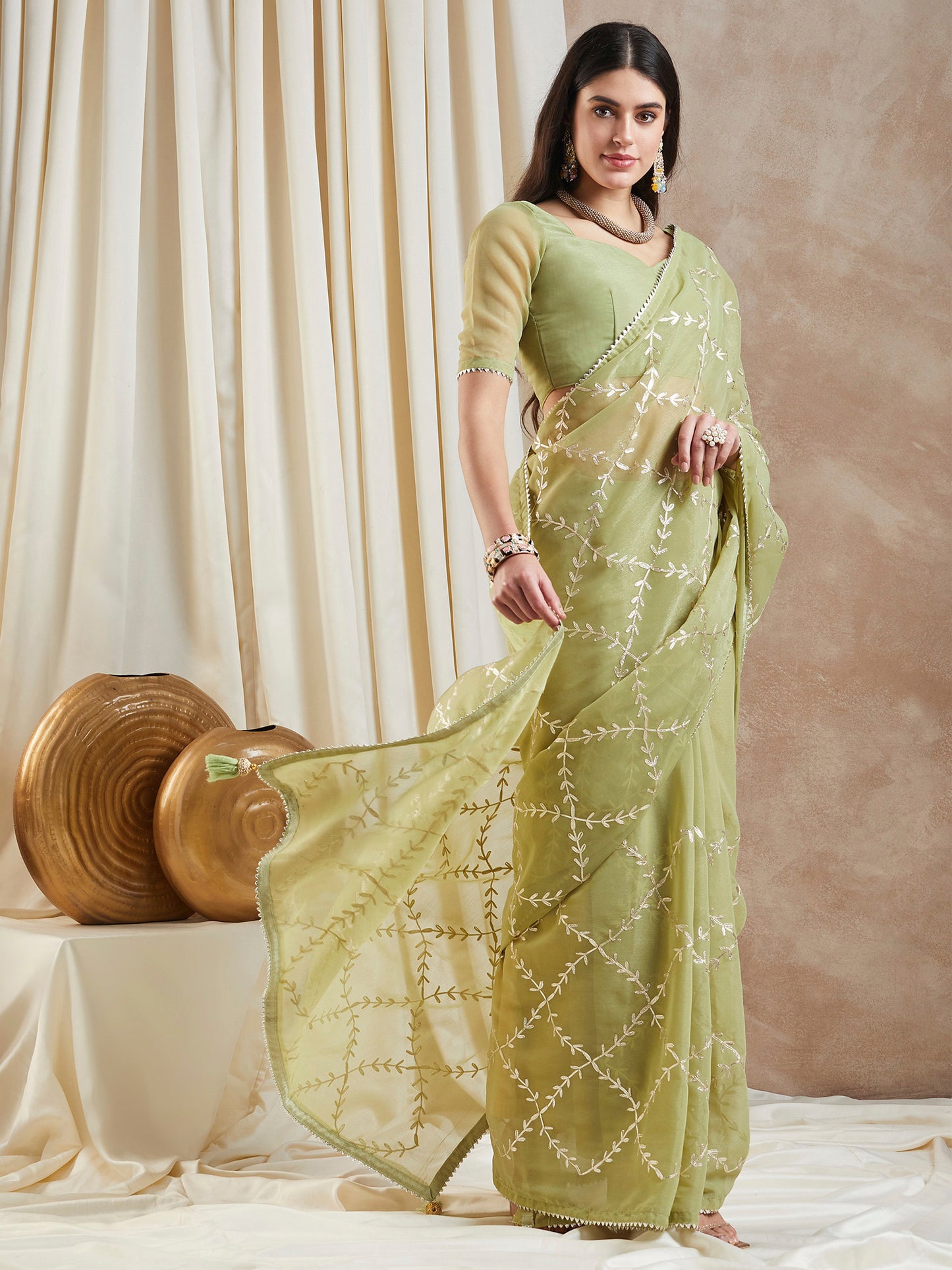 Women's Georgette Light Green Embroidered Designer Saree With Blouse Piece