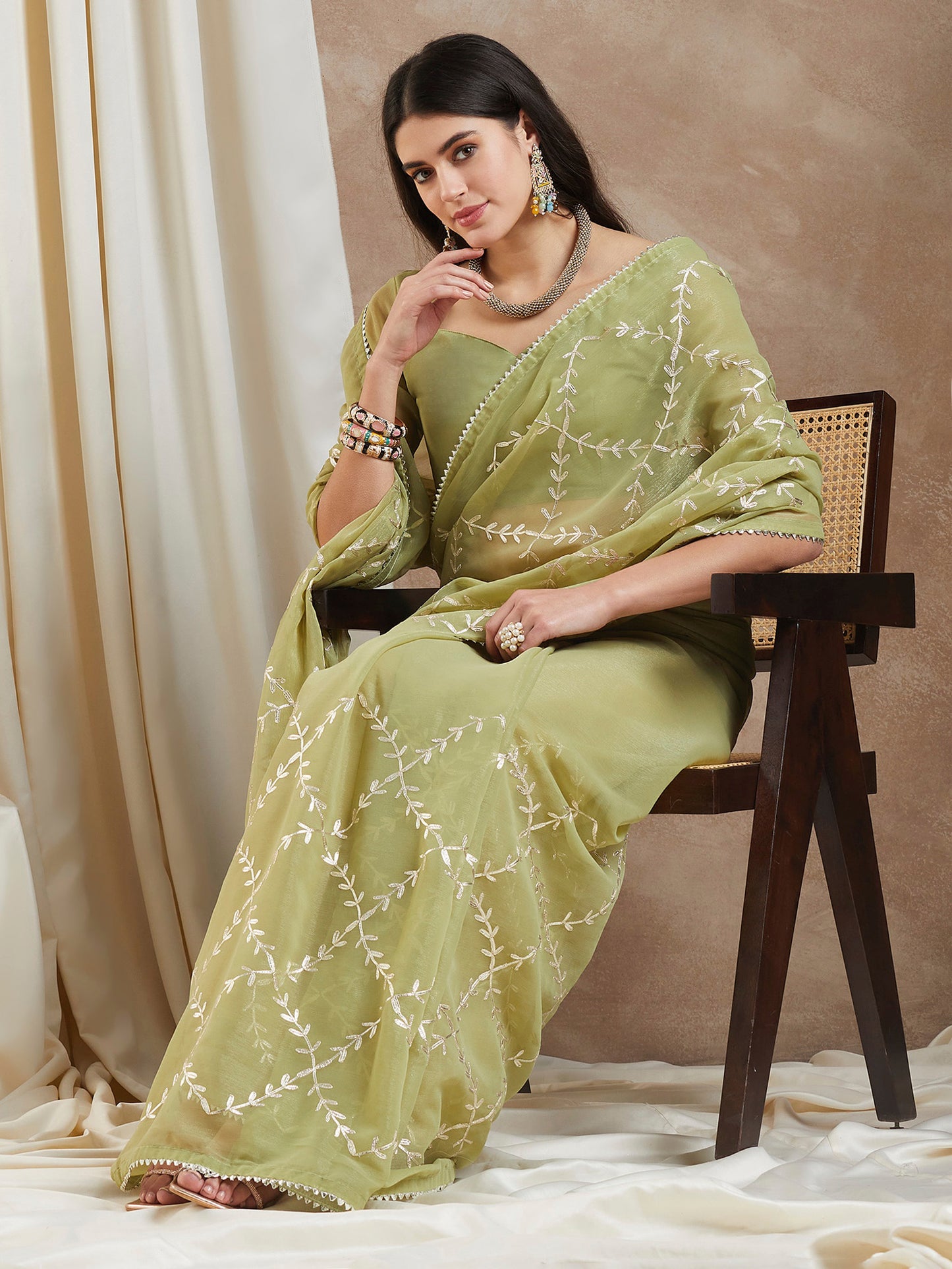 Women's Georgette Light Green Embroidered Designer Saree With Blouse Piece