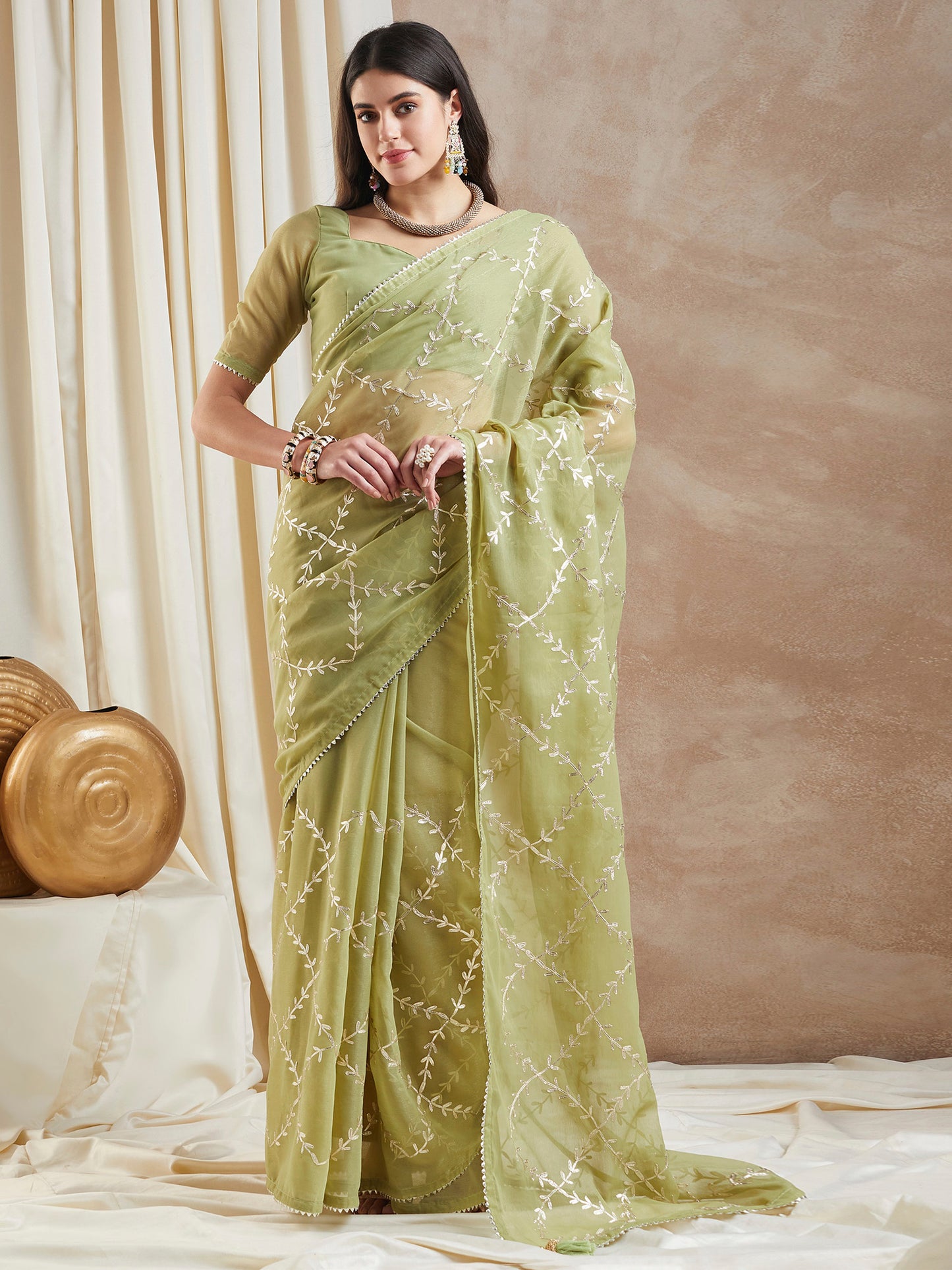 Women's Georgette Light Green Embroidered Designer Saree With Blouse Piece