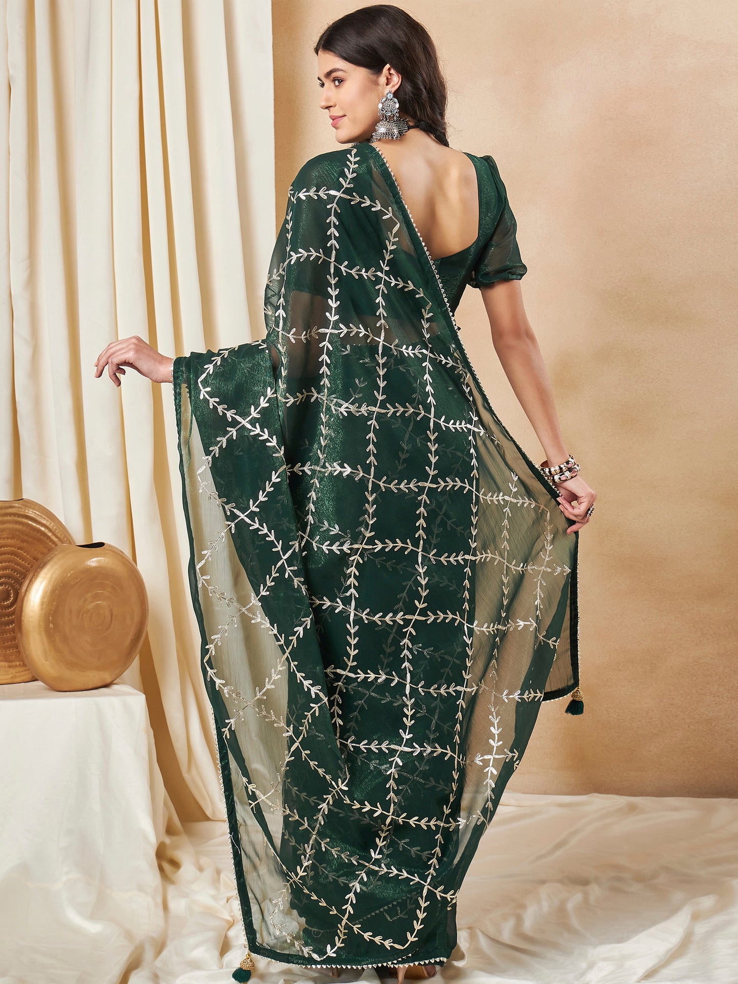 Women's Georgette Dark Green Embroidered Designer Saree With Blouse Piece