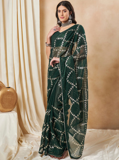Women's Georgette Dark Green Embroidered Designer Saree With Blouse Piece