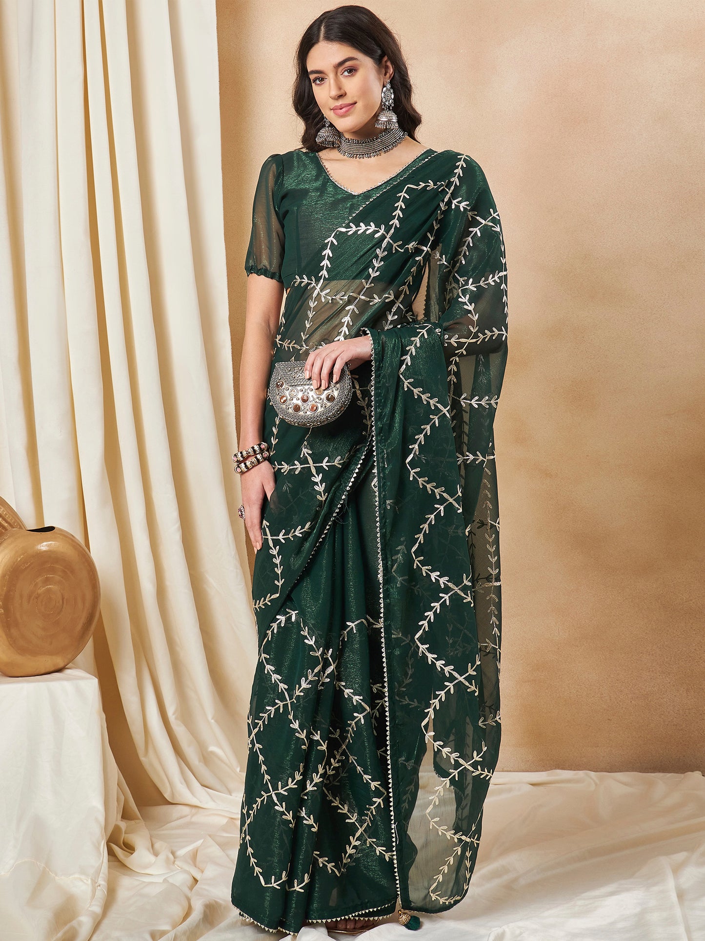 Women's Georgette Dark Green Embroidered Designer Saree With Blouse Piece