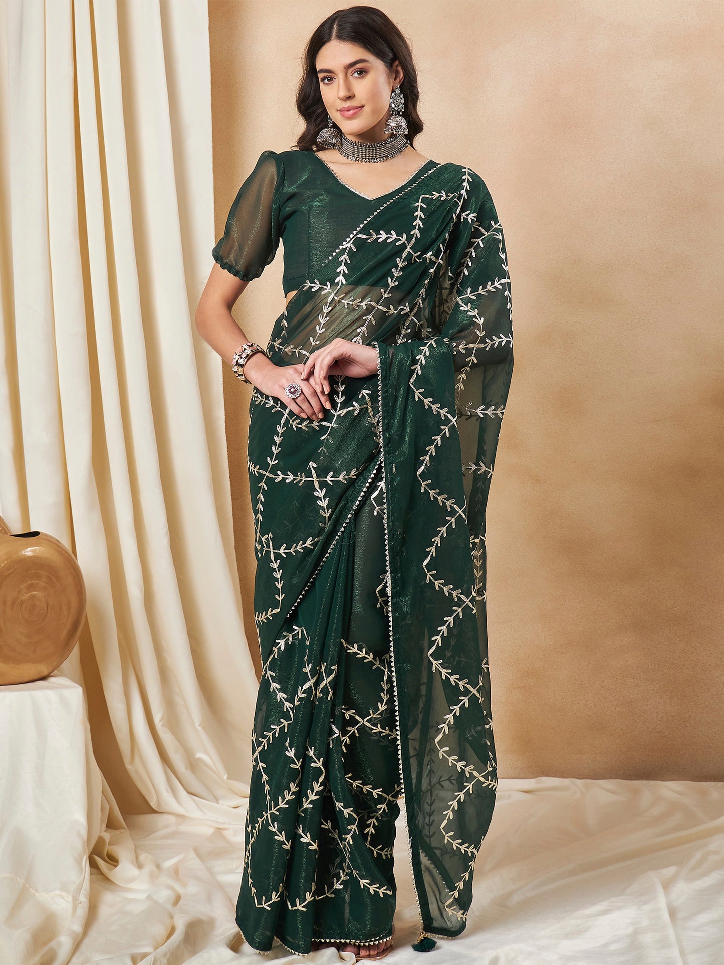 Women's Georgette Dark Green Embroidered Designer Saree With Blouse Piece
