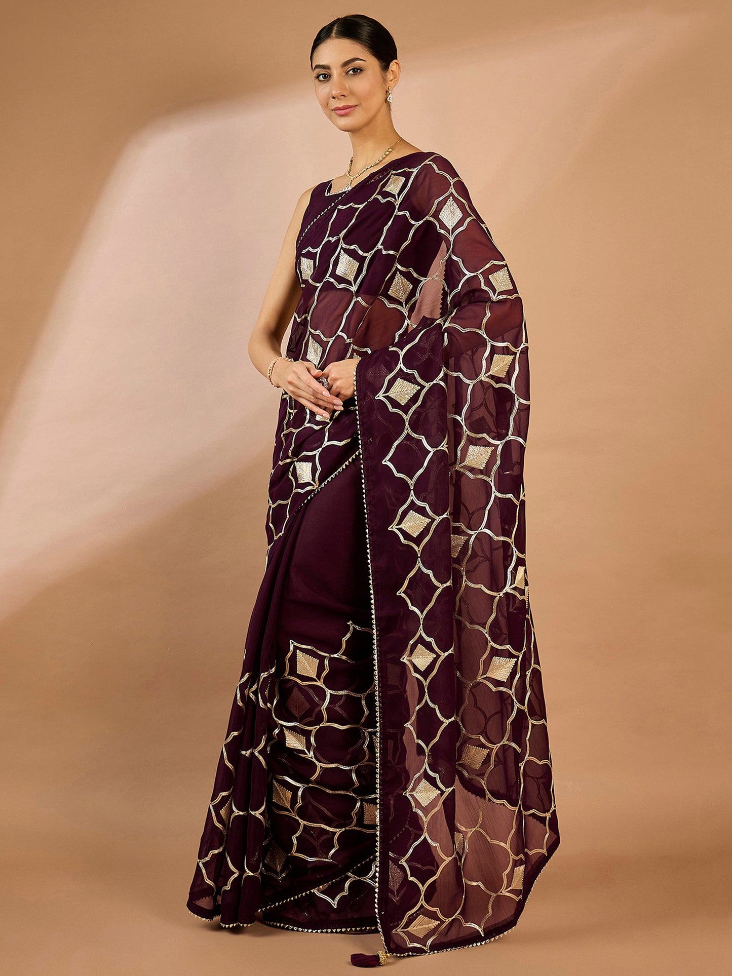 Women's Georgette Purple Embellished Designer Saree With Blouse Piece