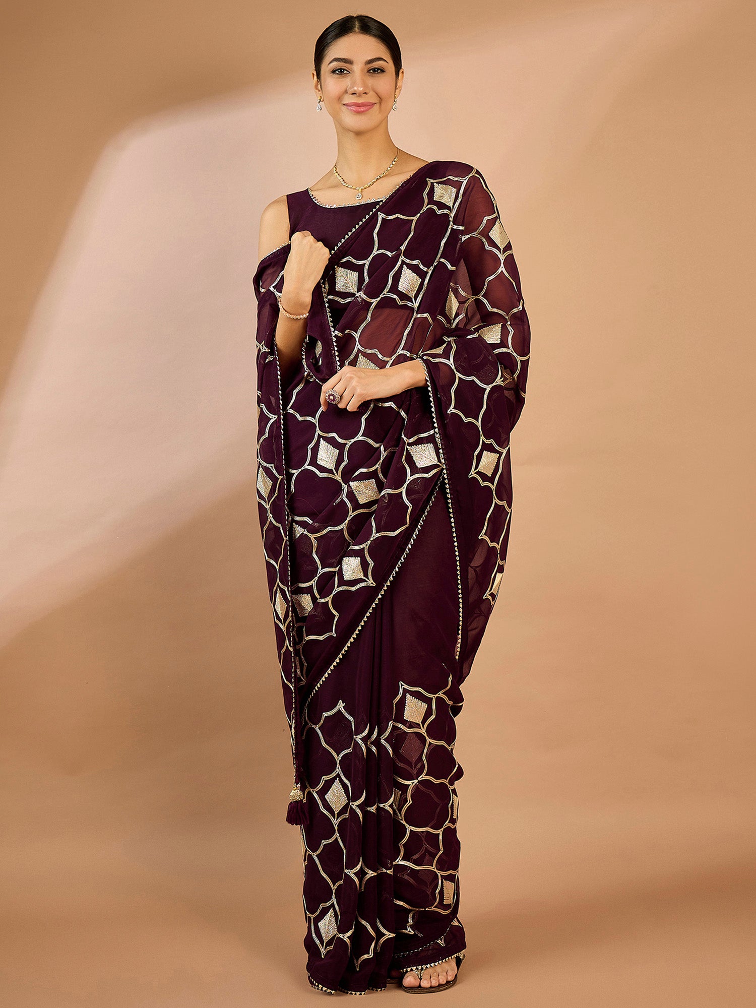 Women's Georgette Purple Embellished Designer Saree With Blouse Piece