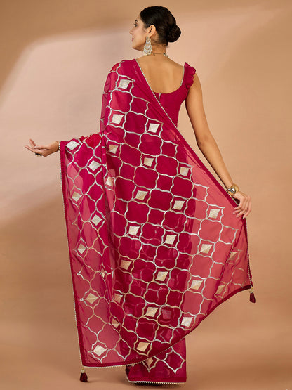 Women's Georgette Pink Embellished Designer Saree With Blouse Piece