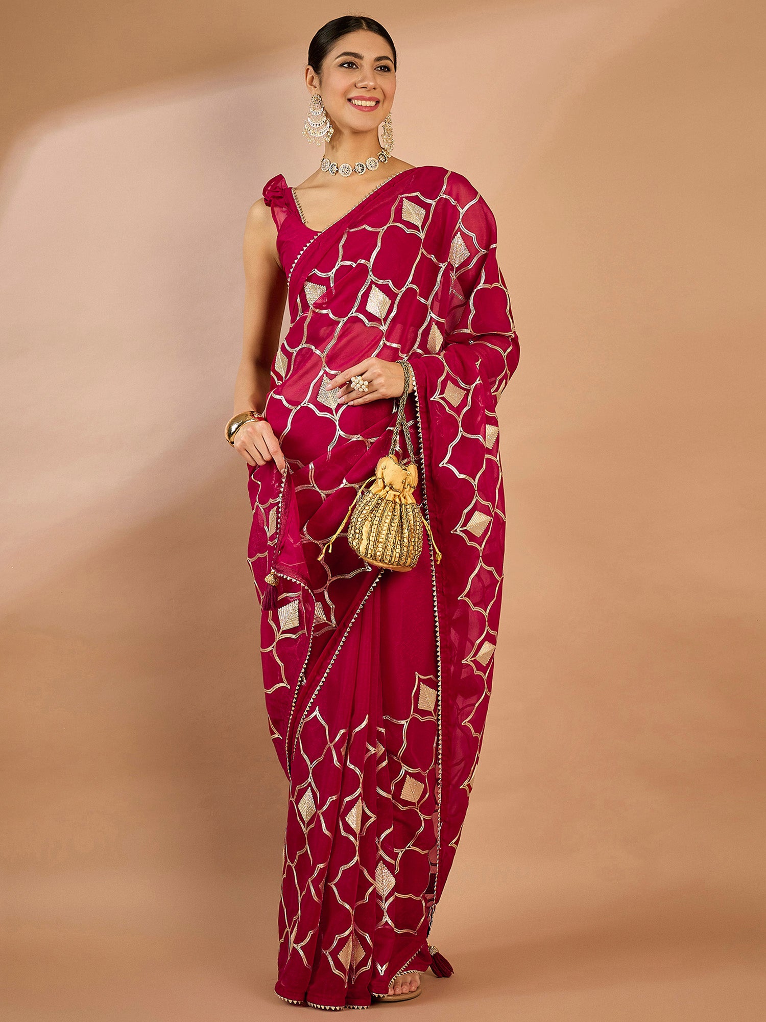 Women's Georgette Pink Embellished Designer Saree With Blouse Piece