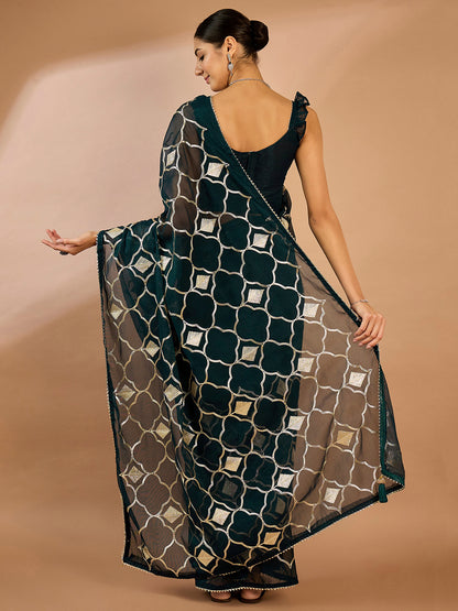 Women's Georgette Teal blue Embellished Designer Saree With Blouse Piece