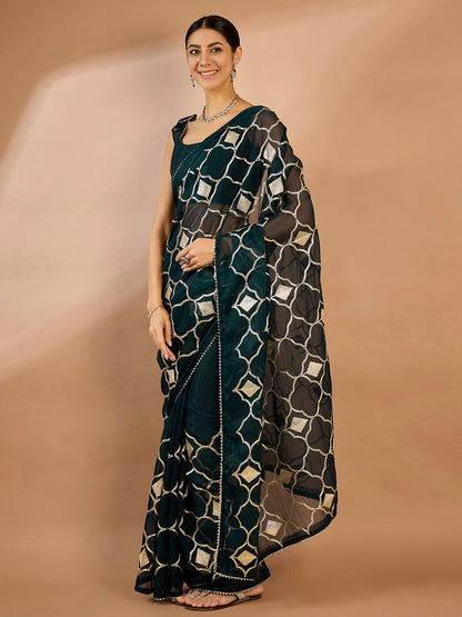 Women's Georgette Teal blue Embellished Designer Saree With Blouse Piece