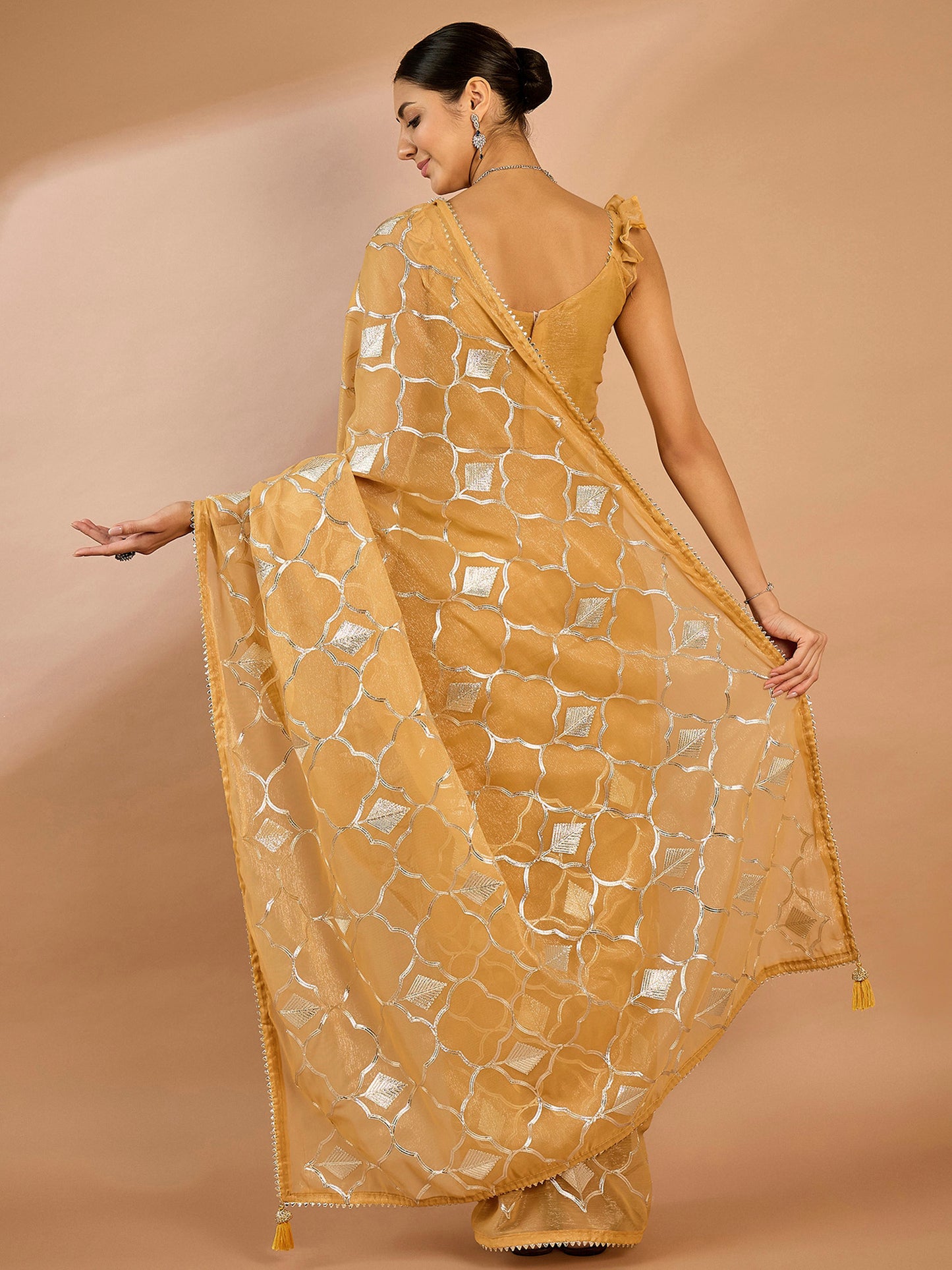 Women's Georgette Beige Embellished Designer Saree With Blouse Piece