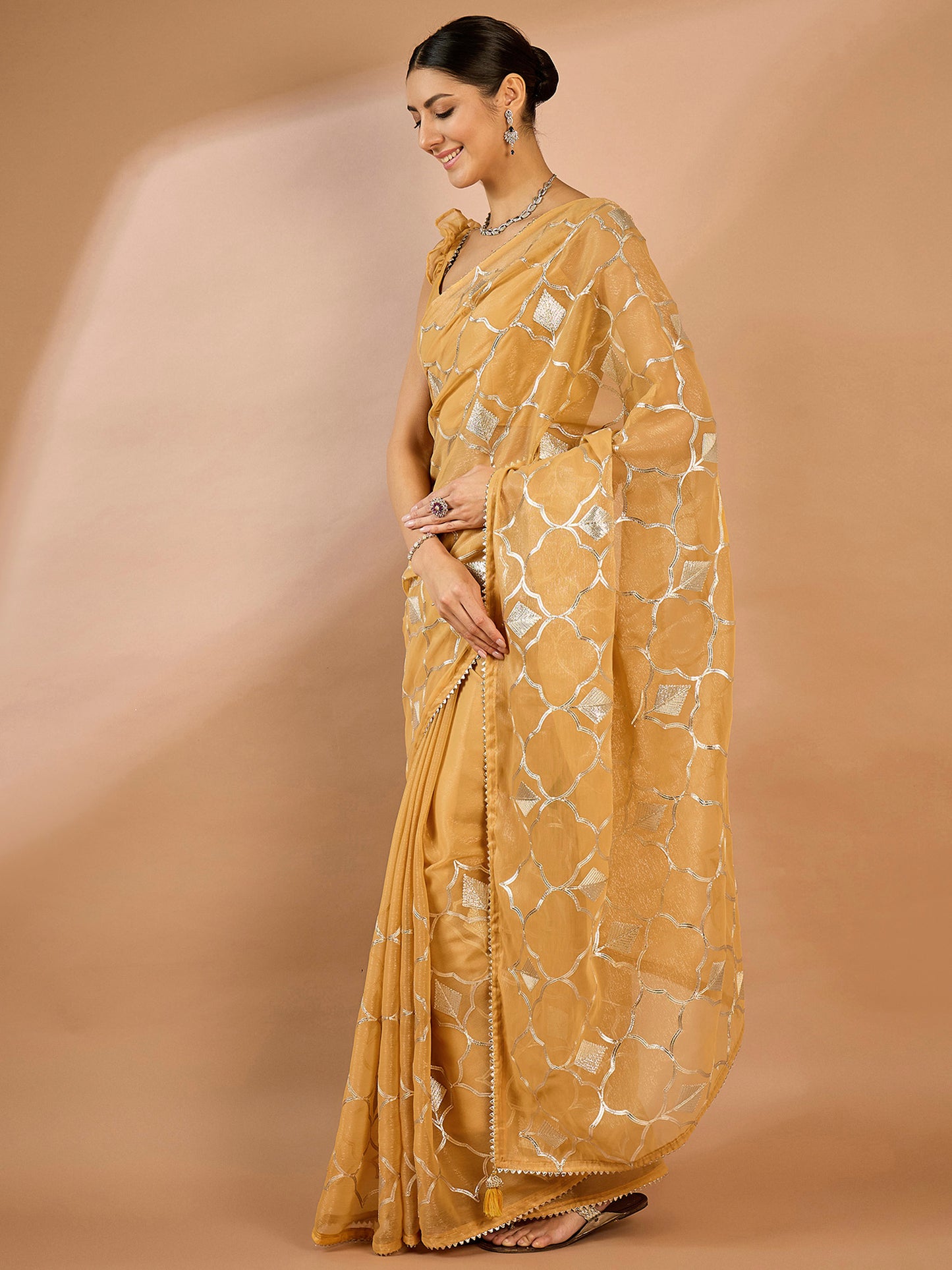 Women's Georgette Beige Embellished Designer Saree With Blouse Piece