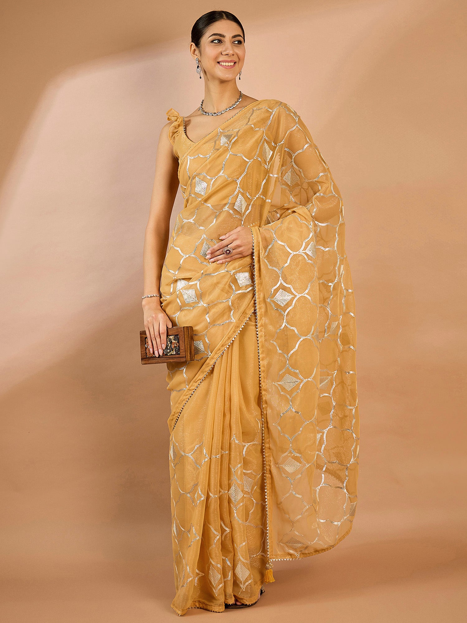 Women's Georgette Beige Embellished Designer Saree With Blouse Piece