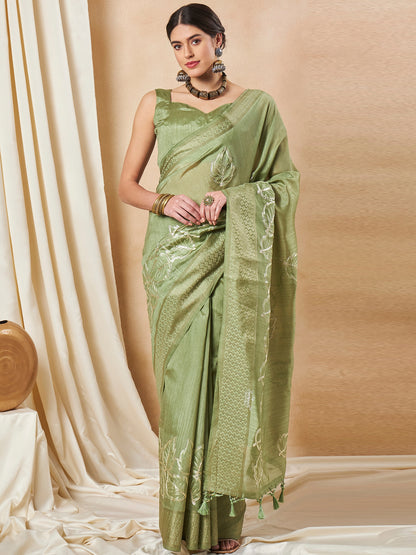 Women's Cotton Blend Light Green Woven Design Designer Saree With Blouse Piece