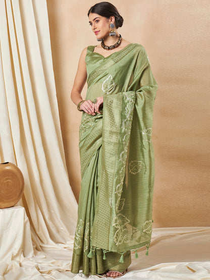 Women's Cotton Blend Light Green Woven Design Designer Saree With Blouse Piece