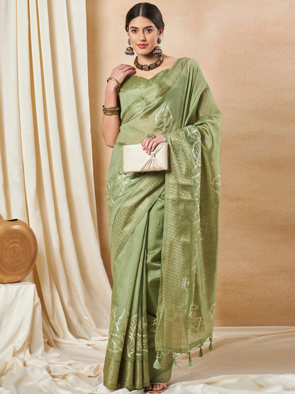 Women's Cotton Blend Light Green Woven Design Designer Saree With Blouse Piece