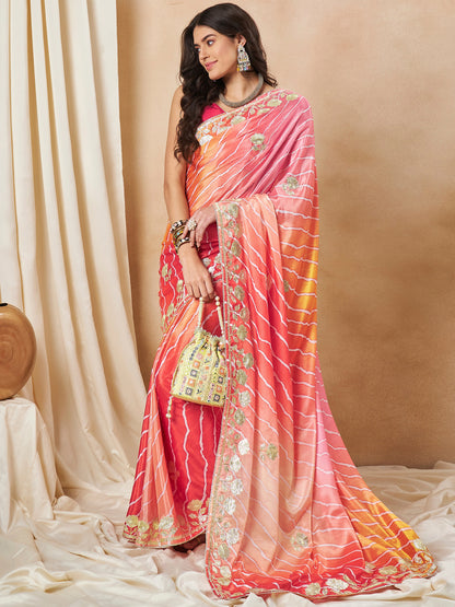 Women's Chiffon Orange Embroidered Designer Saree With Blouse Piece
