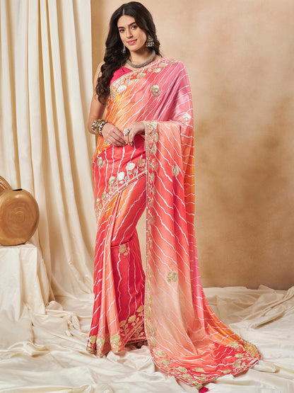 Women's Chiffon Orange Embroidered Designer Saree With Blouse Piece