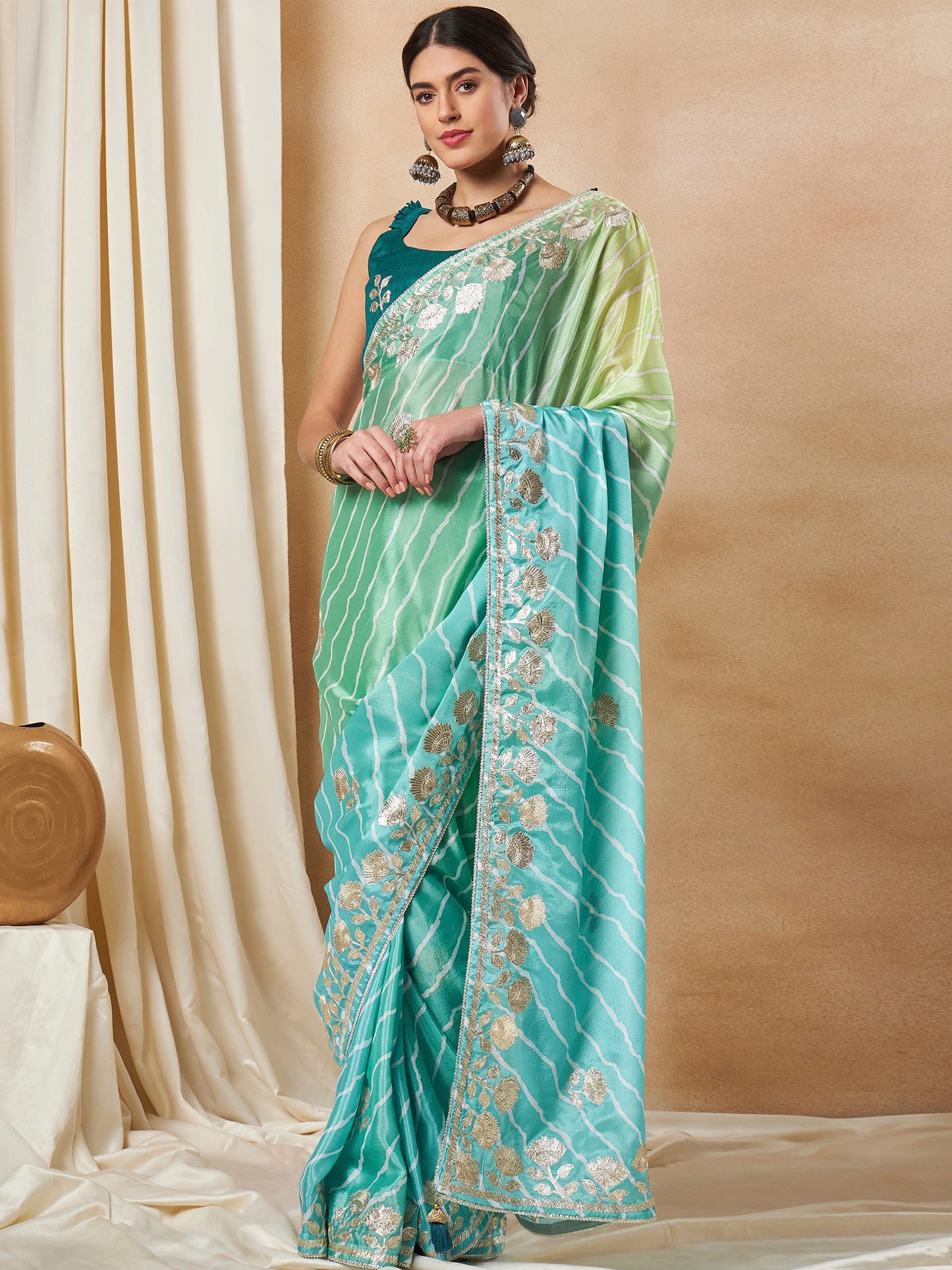 Women's Chiffon Light Blue Embroidered Designer Saree With Blouse Piece