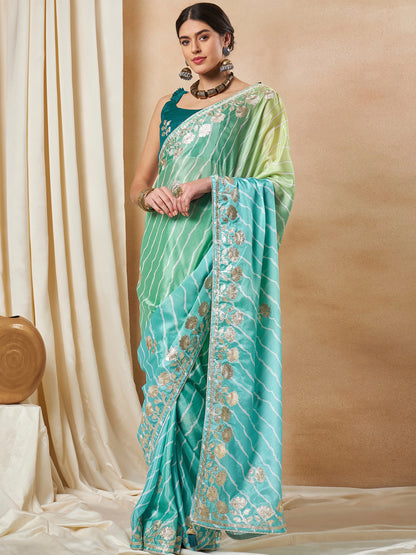 Women's Chiffon Light Blue Embroidered Designer Saree With Blouse Piece