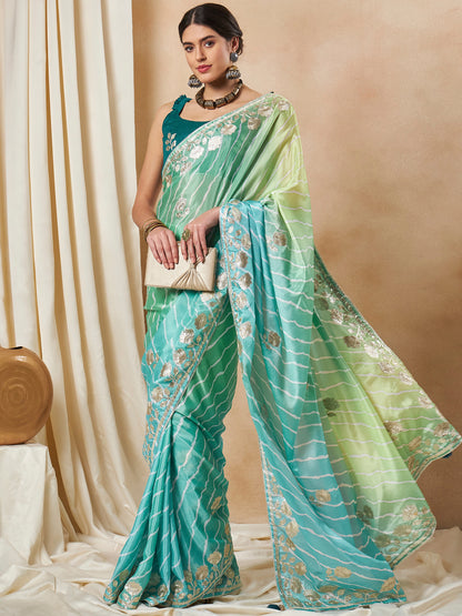 Women's Chiffon Light Blue Embroidered Designer Saree With Blouse Piece